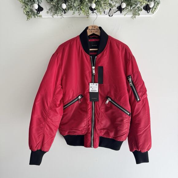 Men’s Zara Red Bomber Coat Full Zip Grunge Gorpcore New Medium - Picture 1 of 4